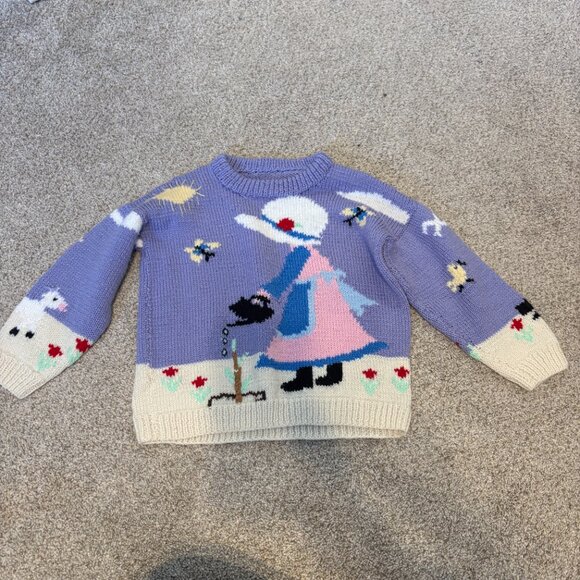 Handknit Vintage children sweater graphic cute 6 yrs purple spring cottagecore - Picture 7 of 14